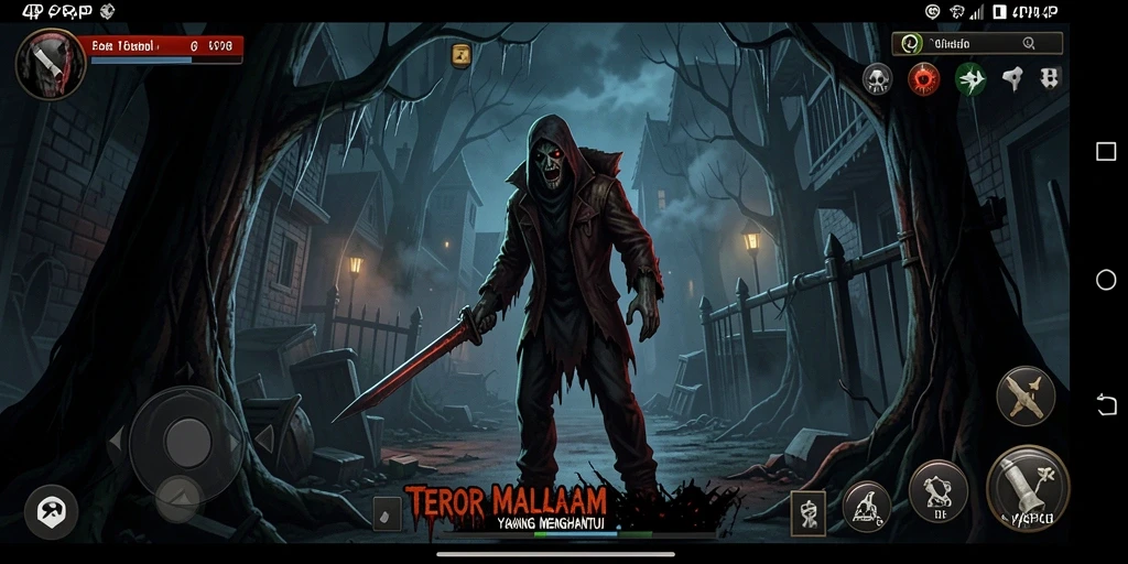 Screenshot gameplay 4P4P dengan atmosfer menegangkan dan makhluk menyeramkan.
