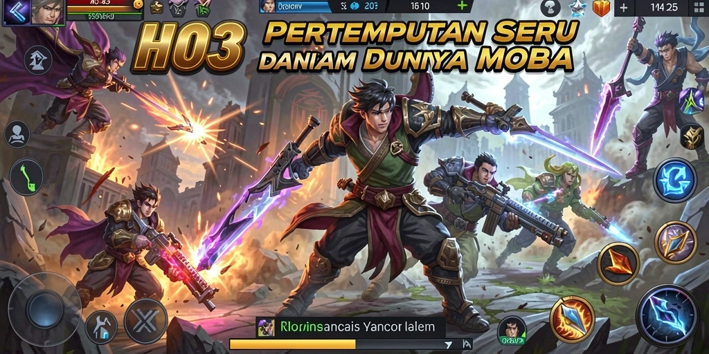 Screenshot H03 menampilkan pertarungan tim yang intens dalam gameplay MOBA.