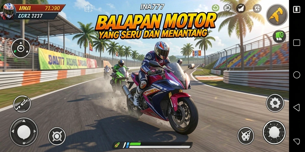 Tampilan gameplay seru di <strong>INA777</strong> saat balapan motor.