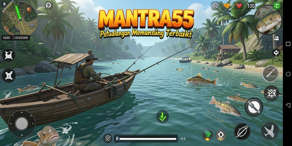 Screenshot gameplay MANTRA55 menampilkan keseruan memancing di berbagai lokasi.