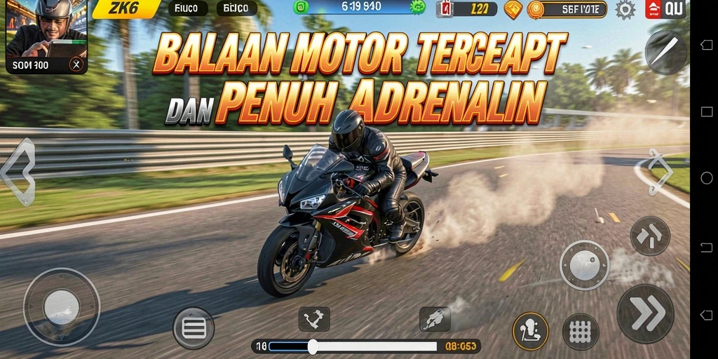 Tampilan gameplay ZK6 dengan balapan motor yang menegangkan.
